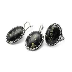 Комплект Кольцо и серьги с янтарем овал 22*29мм цвет зеленый, 11,8г (иск.)