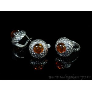 Набор с янтарём кольцо, серьги круг 16мм цвет коньячный, 5,5г (иск.)