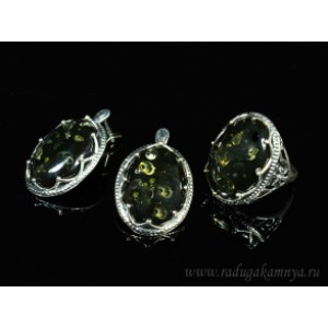 Набор с янтарём кольцо, серьги овал  22*28мм зеленый, 9гр (иск.)