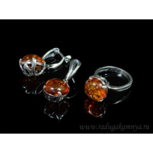 Набор с янтарём кольцо, серьги круг 12мм коньячный (иск.)