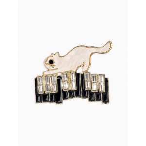 Брошь перламутровый «Котёнок» с пианино, чёрно-белая, цвет золотистый