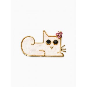 Брошь перламутровая «Котёнок с цветочком», белая, цвет золотистый
