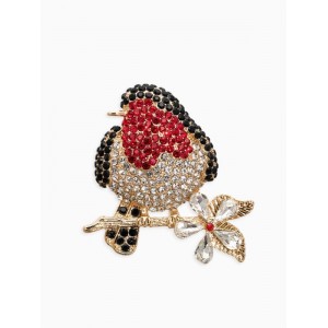 Брошь «Снегирь» в стразах, чёрно-красная, цвет золотистый