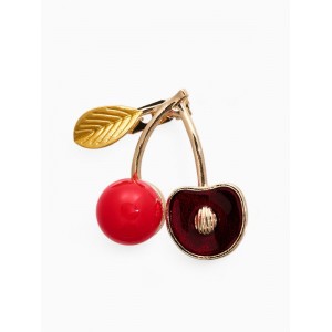 Брошь «Вишня с косточкой», красно-зелёная, цвет золотистый