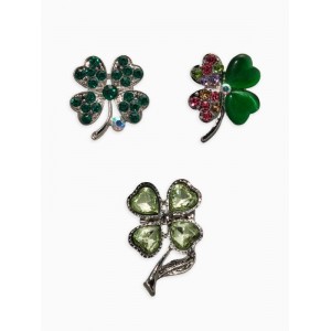Броши «Клевер», набор 3 шт. зелёные, цвет серебристый