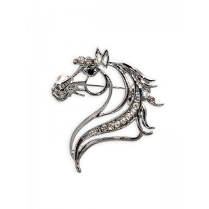 Брошь со стразами «Лошадь», белая, цвет серебристый