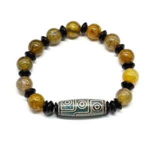 Браслет дзи Девять глаз бочонок 10*29мм с агатом шарик 10мм цвет оливковый