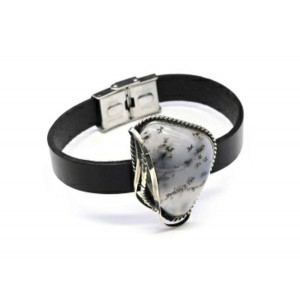 Браслет агат моховой на кожаном ремешке "Грация", 19см