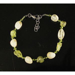 Браслет из цитрина (овалы) и хризолита необработанного, с хрусталем, на застежке