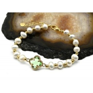 Браслет "Клевер" с жемчугом и цирконом шарик 6мм, 16,5см