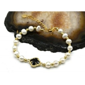 Браслет "Клевер" с жемчугом и цирконом шарик 6мм, 16,5см