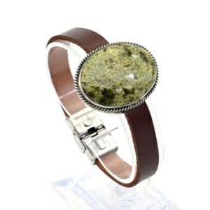 Браслет змеевик на кожаном ремешке "Овал", 19,5