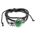 Браслет из кожи с малахитом искусственным круг 20мм