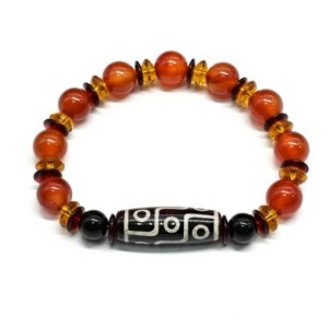 Браслет Дзи Девять глаз бочонок 10*30мм с сердоликом шарик 10мм, 18см