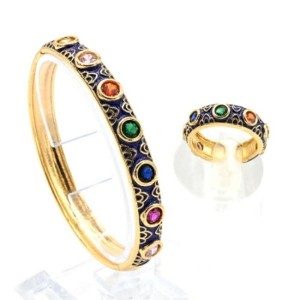 Браслет и кольцо на руку с эмалью и цирконами цвет синий, 16см (иск.)