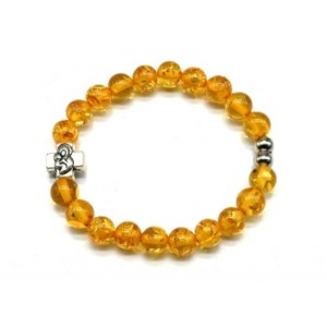 Браслет с крестиком янтарный шарик 8мм цвет лимонный, 16см (иск.)