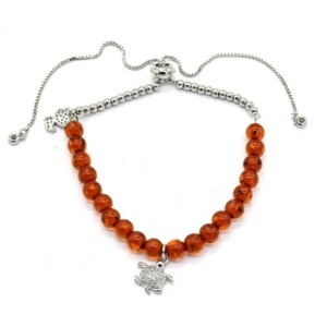 Браслет с шариками из янтаря 6мм цвет коньячный, серебристый, 17см (иск.)