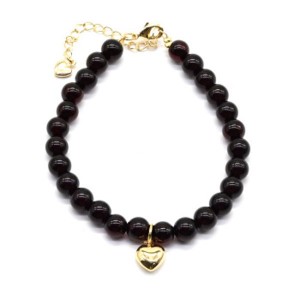 Браслет с подвеской Сердце 8*8мм, янтарь шарик 6мм цвет вишня, 18см (иск.)