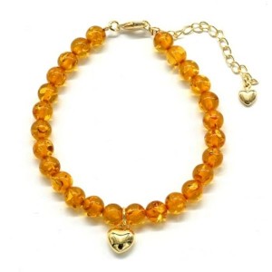 Браслет с подвеской Сердце 8*8мм, янтарь  шарик 6мм цвет медовый, золотистый, 18см (иск.)