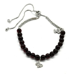 Браслет с шариками из янтаря 6мм цвет вишня, серебристый, 17см (иск.)