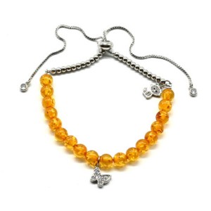 Браслет с шариками из янтаря 6мм цвет медовый, серебристый, 17см (иск.)