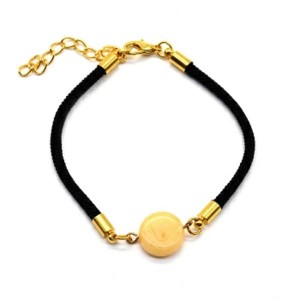 Браслет на шнурке с янтарем круг 12мм цвет молочный, золотистый, 18см (иск.)