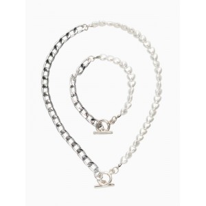 Комплект: колье, браслет «Жемчужное сердце с цепочкой», 18 и 42 см, белый, цвет серебристый