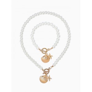 Комплект: бусы. браслет «Жемчуг. перламутр вонголе», L=18/42 см, №8, белый, цвет золотистый