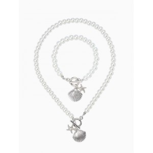 Комплект: бусы. браслет «Жемчуг. перламутр вонголе», L=18/42 см, №8, белый, цвет серебристый