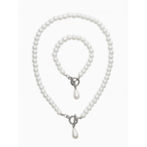 Комплект: бусы. браслет «Жемчуг. Капелька», L=18/42 см, №8, белый, цвет серебристый