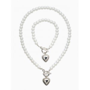 Комплект: бусы. браслет «Жемчуг. Сердце», L=18/42 см, №8, белый, цвет серебристый