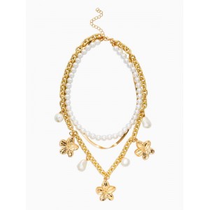 Колье многослойное с Кулонми «Жемчуг с цветами», 3 уровня, 34, 36, 40 см, медь, белое, цвет золотистый