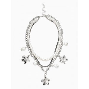 Колье многослойное с Кулонми «Жемчуг с цветами», 3 уровня, 34, 36, 40 см, медь, белое, цвет серебристый