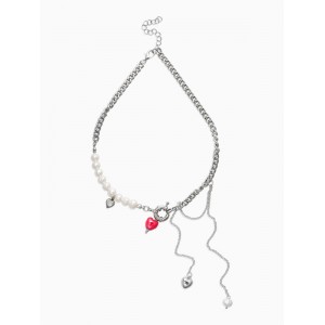 Колье с подвеской на цепочке «Сердце с жемчугом», керамика, L=35 + удлинитель 5 см, белый, красный, цвет серебристый