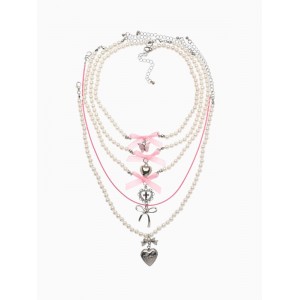 Колье «Бантик» набор 5 шт. бело-розовое, цвет серебристый