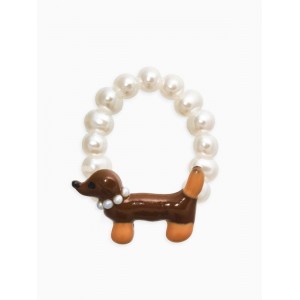 Кольцо бисерное «Собака Такса с жемчужным ошейником», белый, коричневое