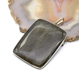 Кулон золотой обсидиан "Прямоугольник" 38*51мм.