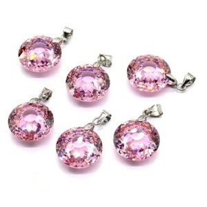 Кулон из фианита круг 15мм, цвет розовый (иск.)