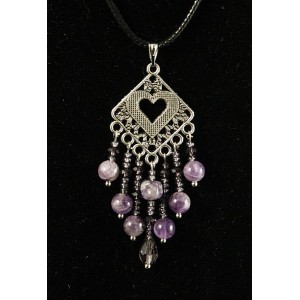 Кулон чароит (галтовка), аметист (шарик 6мм), коннектор "сердце в ромбе"