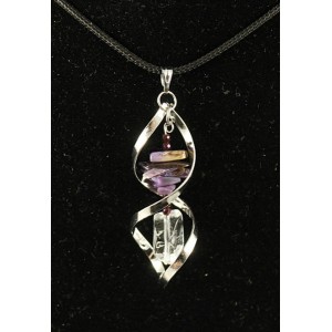 Кулон в спирали чароит (галтовка мелкая), горный хрусталь (крупная огранка), гематит (шарик 2мм огранка)