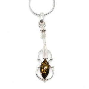 Кулон с янтарём в посеребрении Скрипка 12*40мм цвет зеленый