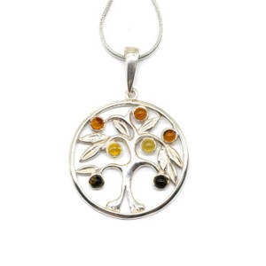 Кулон с янтарём в посеребрении Яблоня 31*34мм цвет ассорти