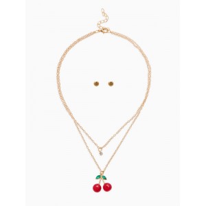 Комплект: Пусеты, кулон «Вишенка со стразинкой», 50+40 см, d=4, красный, цвет золотистый Комплект: Пусеты, кулон «Вишенка со стразинкой», 50+40 см, d=4, красный, цвет золотистый