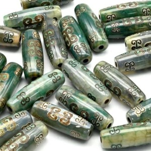 Бусины Дзи "Вены дракона" из агата бочонок 10*30мм, цвет зеленый, 1 бусина