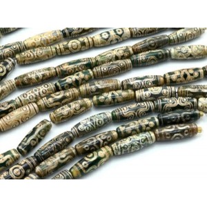 Бусины Дзи "Одиннадцать глаз" из агата бочонок 10*30мм цвет зеленый, 29см, 10 бусин