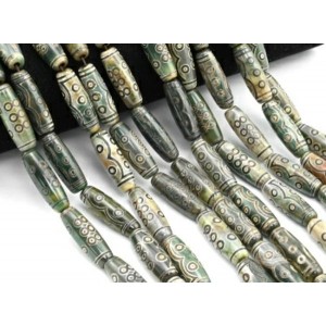 Бусины Дзи "Тринадцать глаз" из агата бочонок 10*30мм цвет зеленый, 29см, 9 бусин