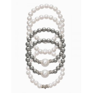 Браслеты из бусин «Стильный жемчуг», набор 5 шт. бусины №8 и 16, белый, цвет серебристый