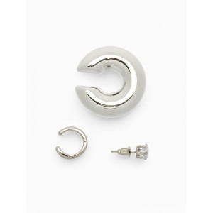 Набор серьги и каффы 3 шт., бублик и стразик, цвет серебро