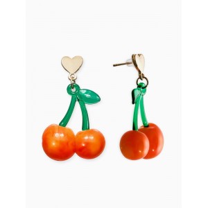 Серьги «Вишня и сердечки», красно-жёлтые, цвет золотистый
