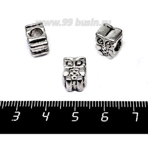 Бусина металлическая Сова 11*9 мм, внутренее отверстие 4 мм, цвет старое серебро 1штука